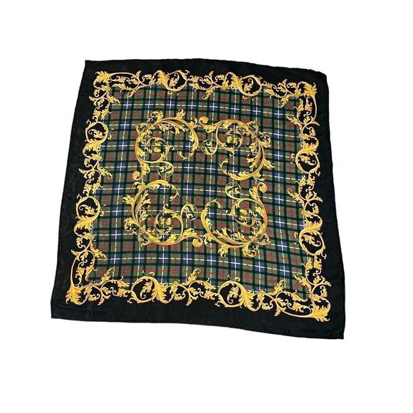 Nice Black Gold Fleur-de-lis Scarf 33" Square 100% Polyester - Picture 1 of 3